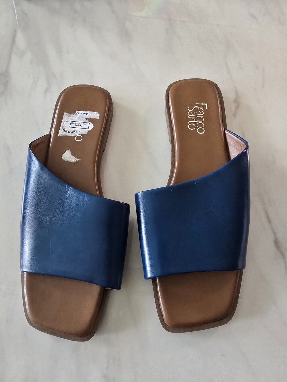 Franco Sarto Mavely Women’s 9.5M Blue Leather Square Toe Slide Sandals Flats New